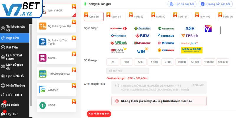 Quy định nạp tiền vào tài khoản V7Bet
