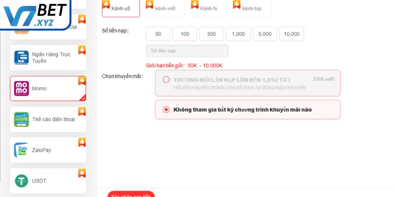 Nạp tiền V7Bet bằng ví điện tử